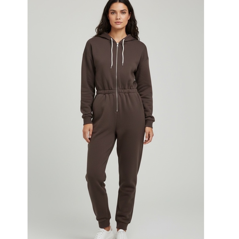 OFFLINE by Aerie Women XS Brown Hooded Zip Front Fleece Jumpsuit Loungewear Fall